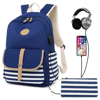 A nők hátizsák USB töltő laptop hátizsák a tizenéves lányok iskolai hátizsák Divat csíkos Női vászon Utazási Hátizsákok
