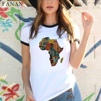Afrika Térkép Grafikus Póló Női Harajuku Afrikai Örökség Női pólók Afro Szót, hogy a Nyomtatás a Fehér tshirt Divat Ruhák, Felsők