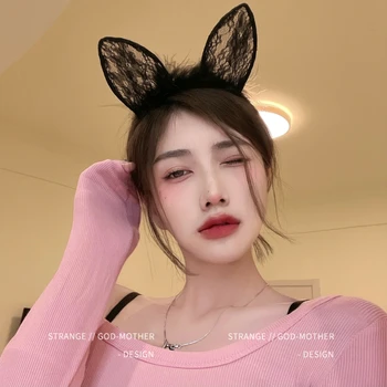 Aranyos fekete-fehér, csipke macska Füle fejpánt női Japán szexi szőrme nyúl füle fejdísz, mert haj központi Neko Fül
