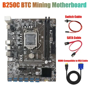 B250C Bányászati Alaplap HD VGA Kábel+Kapcsoló Kábel+SATA Kábel 12 PCIE, hogy USB3.0 GPU Slot LGA1151 Támogatás DDR4