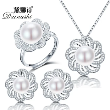 Dainashi új édesvízi gyöngy ékszer szett gyöngy nyaklánc gyöngy, állítható gyűrű gyöngy fülbevaló 925 sterling ezüst