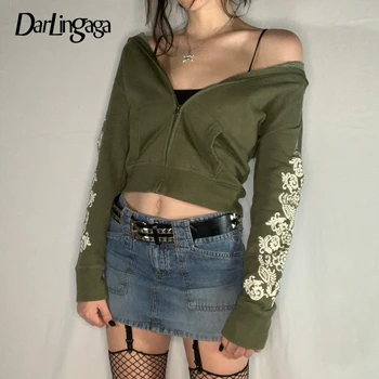 Darlingaga Vintage Divat Zöld Vágott Zip Kapucnis Női Virágos Nyomtatott Őszi Kabát Kabát Esztétikai Kapucnis Pulóvereket
