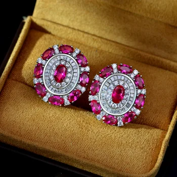 Elegáns Rubin Gyémánt Stud Fülbevaló 100% Valódi 925 sterling ezüst Ígéret Esküvői Fülbevaló Női Menyasszonyi Moissanite Ékszerek