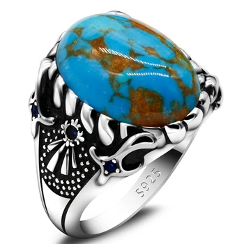 Férfi Személyiség Gyűrű 925 Sterling Ezüst Természetes Türkiz Kék Spinell Kettős Tőr török Gyűrűt Férje Ékszer Ajándék