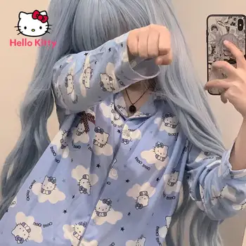 Hello Kitty Női Pizsama Tavaszi, Őszi Kardigán Hosszú ujjú Nadrág Diák Kék Aranyos Haza Szolgáltatás Öltöny
