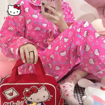 Hello Kitty Ruha y2k Kawaii Haza Szolgáltatás Rajzfilm Ruha, Hosszú ujjú Nadrág Plus Size Kardigán Pizsama Szett Nők számára a Tél