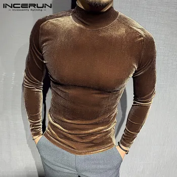 INCERUN Fitness Skiny Camisetas Férfi Bársony póló Hosszú Ujjú egyszínű Maximum 2021 Meleg Férfi Garbó Termikus T-Shirt 5XL