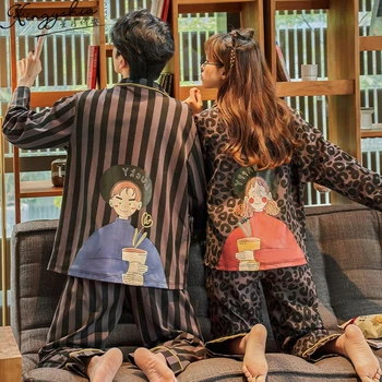 Koreai Rajzfilm Pijamas Párok Hosszú Ujjú Téli Őszi Pizsama Szett Szerelmeseinek Csík Leopárd mintás Férfi Homewear Anime Mujer