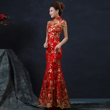 Kínai vörös Esküvői Ruha, Női Hosszú, Rövid Ujjú Cheongsam Arany Slim Hagyományos Kínai Ruha Nők Qipao fél cheongsams