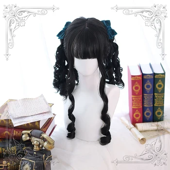 Magas Minőségű Lolita Fekete Római Kötet Hosszú, Göndör Haj Női Paróka Cosplay Fél