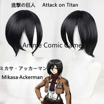 Mikasa Ackerman Bob Paróka, Fekete Rövid Haj Selymes Egyenes Paróka Szintetikus Támadás Titán Cosplay Parókák