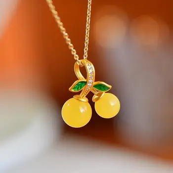 Márkás, eredeti, új, ősi arany kivitelezés intarziás citrin cseresznye nyaklánc medál gyönyörű, elegáns női ékszerek