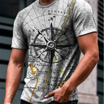 Nyári Férfi póló Új 3D-s Nyomtatási Iránytű Szürke póló Férfi póló Nyári póló Kerek Nyakú póló