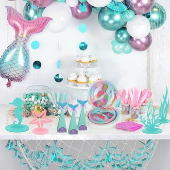 Nyári Medence mermaid fél decor Lányok Szülinapi Party Dekoráció, papír tányért, szalvétát kupa farok fólia lufi baby shower szívességet