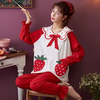 Női Pizsama Szett Pamut Puha Tengerész Gallér Szép Homewear Női Bowknot Rakott Lélegző Alkalmi Alszik Viselni Koreai Stílus