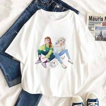 O Nyakú Női póló Kényelem Tees Trend Elsa Anna Nyomtatás Női póló Disney Hajó S-2XL Méret Felső Ruhát Harajuku