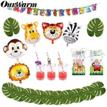 OurWarm Jungle Party Dekoráció Gyerekeknek, A Szülinapok Állatok Lufi Banner Édességet Dobozok Cookie-K Táskák Állat Kraft Papír, Ajándék Táska