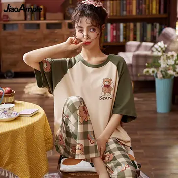 Pizsama Női Nyári Koreai Laza Pijamas 2021 Új Aranyos Rajzfilm, Rövid Ujjú Nadrág Sleeepwear Hálóinget Két Darabos Készlet