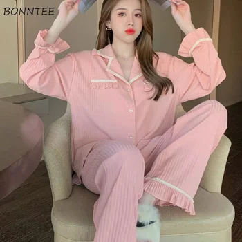 Pizsama Szett Nők Őszi Koreai Stílus Teljes Hossza Szexi Női Alkalmi Homewear Kényelmes Hálóruha Laza Népszerű Szilárd Évjárat Elegáns