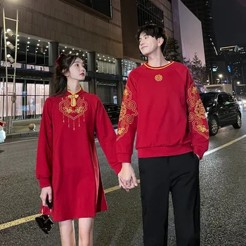Pár Megfelelő Kapucnis Felső Pulóver Ruha Kínai Fesztivál Vörös Qipao College-Divat-Stílus Fiatal Szerelmesek Női Ruhát Viselni