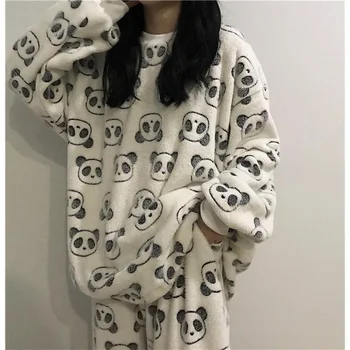 QWEEK Pijamas Nők Kawaii Panda Nyomtatás Flanel Pizsama Őszi Téli Hálóruházat Haza Ruha, Hosszú ujjú Pizsama Nadrág a Meleg