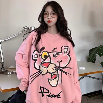 Rózsaszín állat rajzfilm Kapucnis Nő esik 2021 új lazább koreai állat hosszú ujjú póló Japán divat Inek