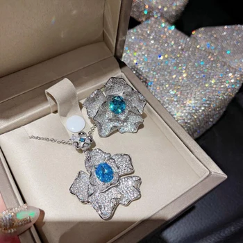 S925 Sterling Ezüst Luxus Esküvői Ékszer Szett Kék Kristály Virág Topáz Fülbevaló Női Gyűrűk Cirkon Divat Finom Ékszerek