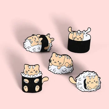 Sushi Rizs Labdát Macska Zománc Csapok Élelmiszer Jelvény Rajzfilm Brossok Nők Aranyos Állat Kitűző Táska Anime Ékszer Ajándék Nagykereskedelem
