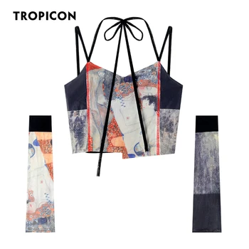 TROPICON Y2k Bikini Felső, Nyári 2021 Női Divat Klimt Esztétikai Háló Cami Felső Croptop Nyomtatás Fürdőruhák Fűző Felső Divatos