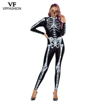 VIP FASHION Női Koponya Csontváz Jelmez Halloween Party Nő Kezeslábas Sovány Cosplay 3D Nyomtatás Koponya Jelmez