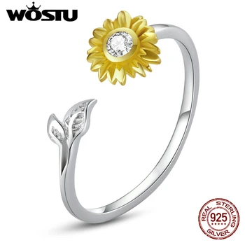 WOSTU 925 Sterling Ezüst Napraforgó Csillogó Gyűrű Cirkon Nyitva Ujj Gyűrű Női Ezüst Ékszer Ajándék CTR213