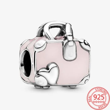 Zománc 925 Sterling Ezüst Gyöngyös Rózsaszín Bőrönd Táska Varázsa Illik Pandora Pillanatban Karkötő Ékszer Márka DIY Nyaklánc