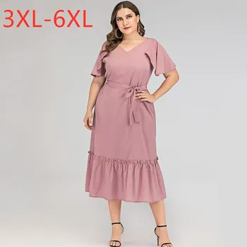 Új 2021 nyári molett ruha nőknek, nagy, rövid ujjú, laza alkalmi V-nyakú rózsaszín fodros öv midi ruha 3XL 4XL 5XL 6XL