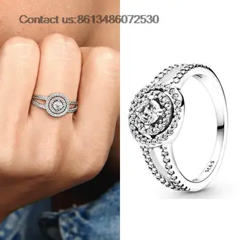 Új, 925 Ezüst Csillogó Dupla Halo Gyűrű Illik Eredeti Márka Diy Finom Ékszerek Nők Ajándék A Finom Gyűrűt, Hogy