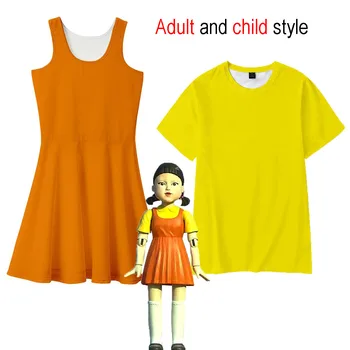Új squid játék baba jelmez felnőtt gyermek Cosplay ruha + T-shirt sárga ruha a Halloween Karácsonyi party jelmez plus size 90-190
