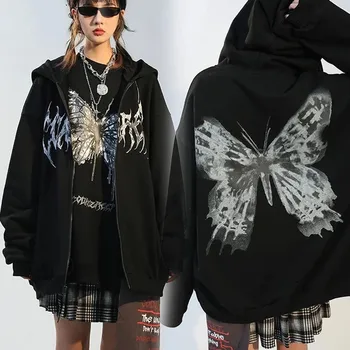 Új Y2k Esztétikai Nők Hip-Hop kapucnis felső Pillangó Nyomtatott Zip-up Kabát Női Gót Harajuku Grunge, Punk Streetwear Kabát