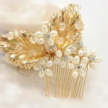 Új érkezés arany kristály kézzel készített haj menyasszony gyöngyöt fejdísz Haj fésű JL